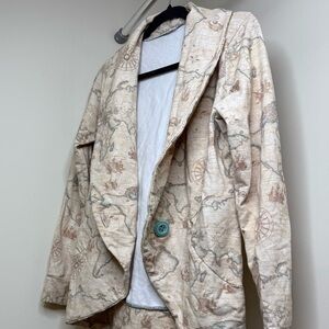 Beige Map Print Blazer with Teal Button | Rare Compass & Continental Earth Print